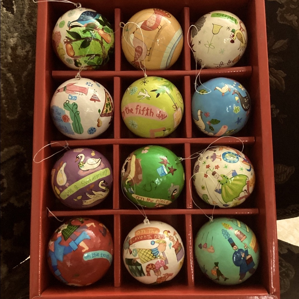 Crate & Barrel, 12 Days of Christmas Paper Mâché Hand Painted Ornament Set